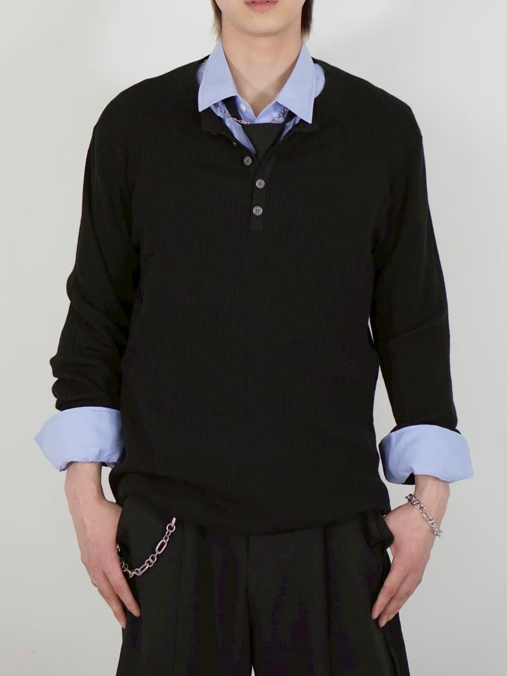 【Chikashitsu +】henley neck long sleeve knit (4color)