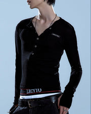 【LECYTO】Henley Neck Waffle Slim T-shirt