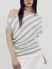 【SETUP-EXE】STRIPE EYELET DRAPE TOP
