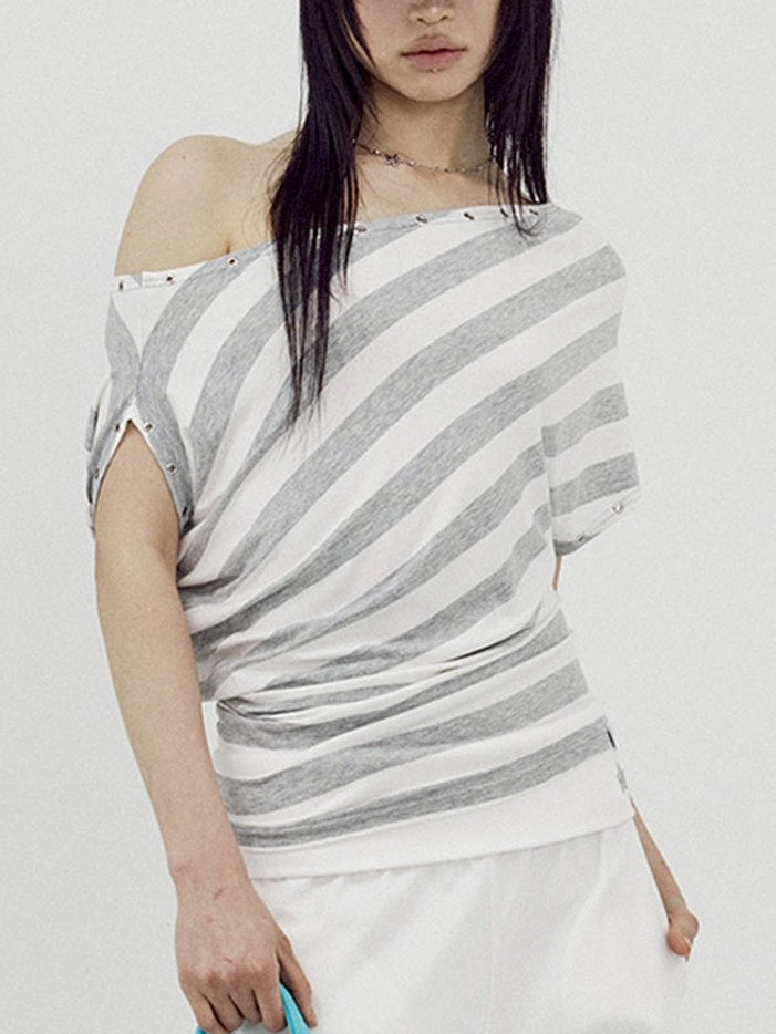 【SETUP-EXE】STRIPE EYELET DRAPE TOP