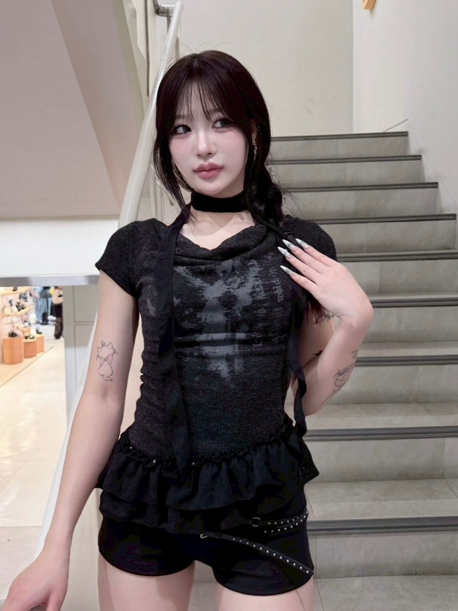 受注制【nmtc+】Drape Neck Frill Tee Scarf Set (3color)