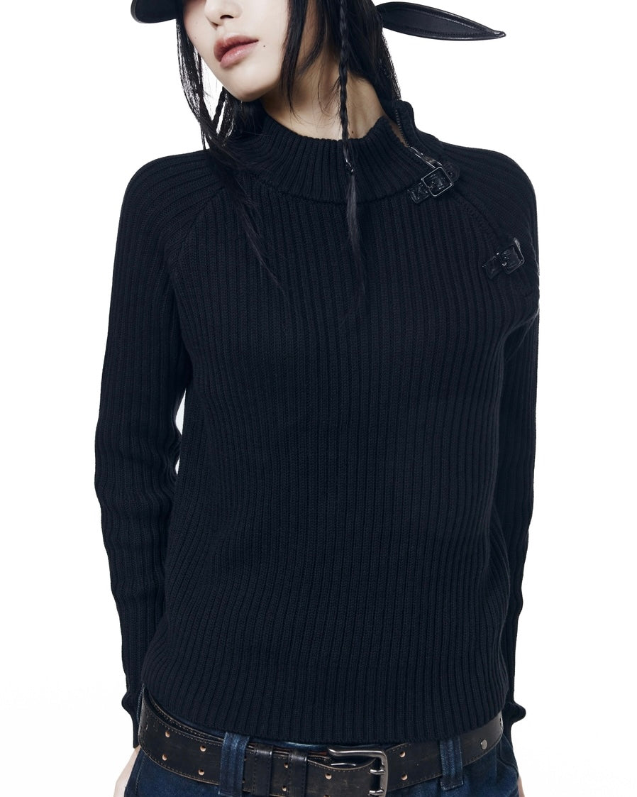【AAKAM】Slant Zipper Belted Knit