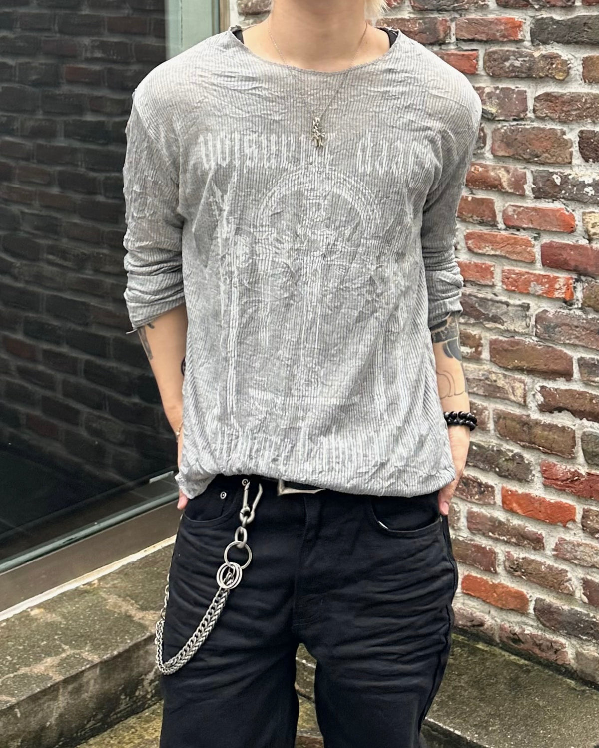 大阪店WEB限定受注制【Chikashitsu +】wrinkled graphic long t-shirt (3color)