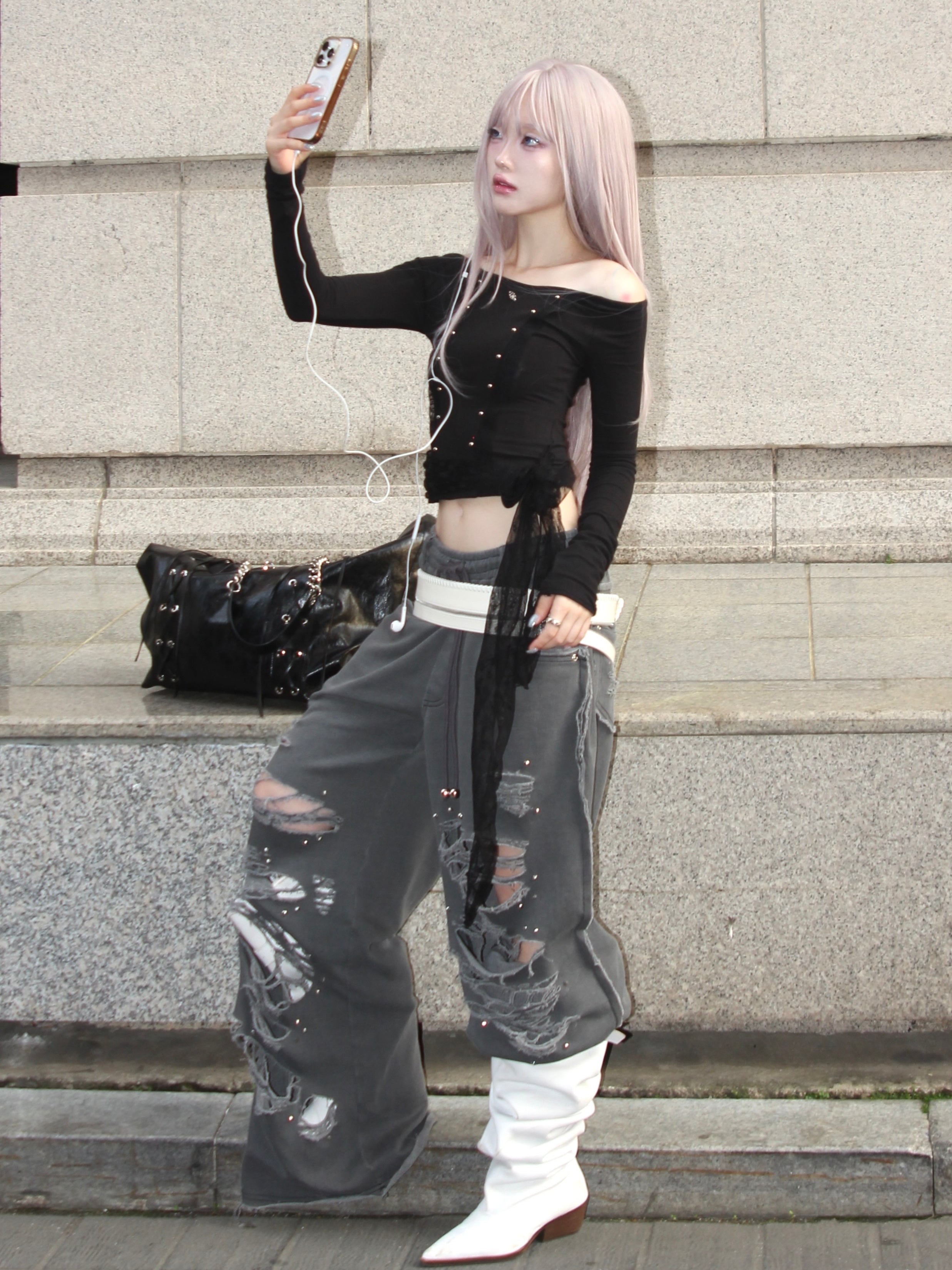 【CHERRYQUIRI】cloud lace off shoulder top