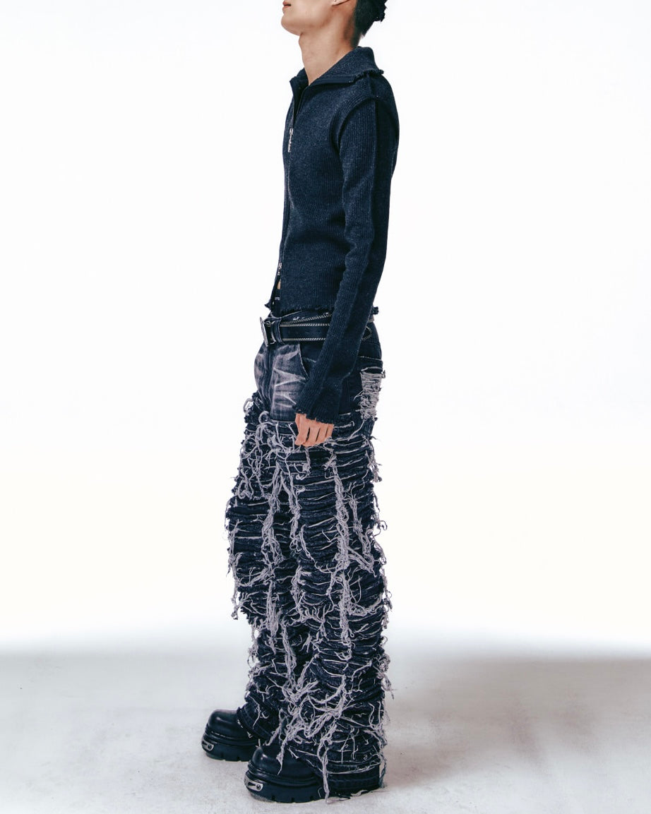 【LECYTO】Destroyed Lip Knit Zip-Up