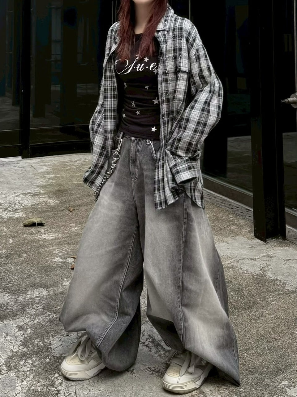 【Never mind the XU】rhinestone check shirt (2color)