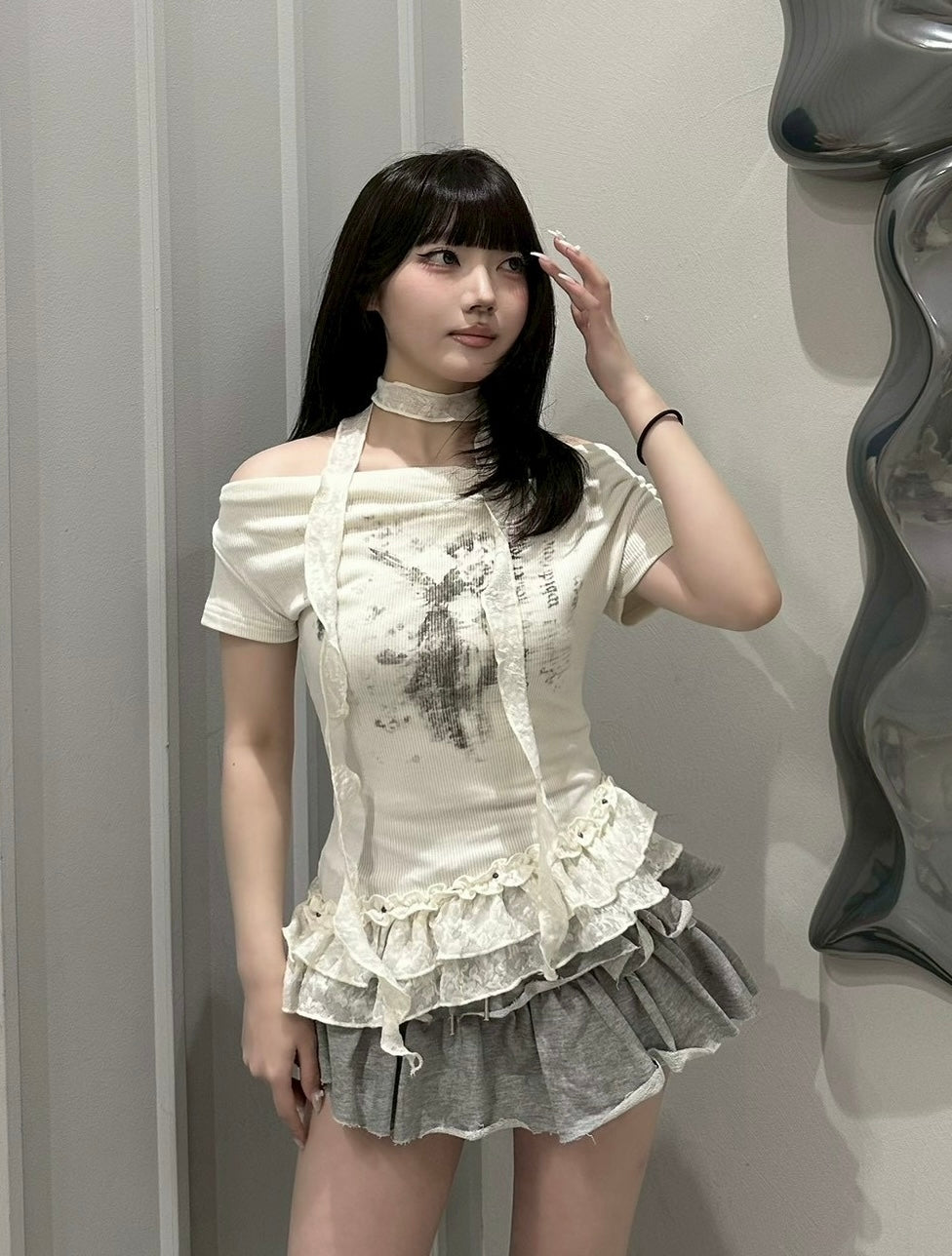 受注制【nmtc+】Drape Neck Frill Tee Scarf Set (3color)