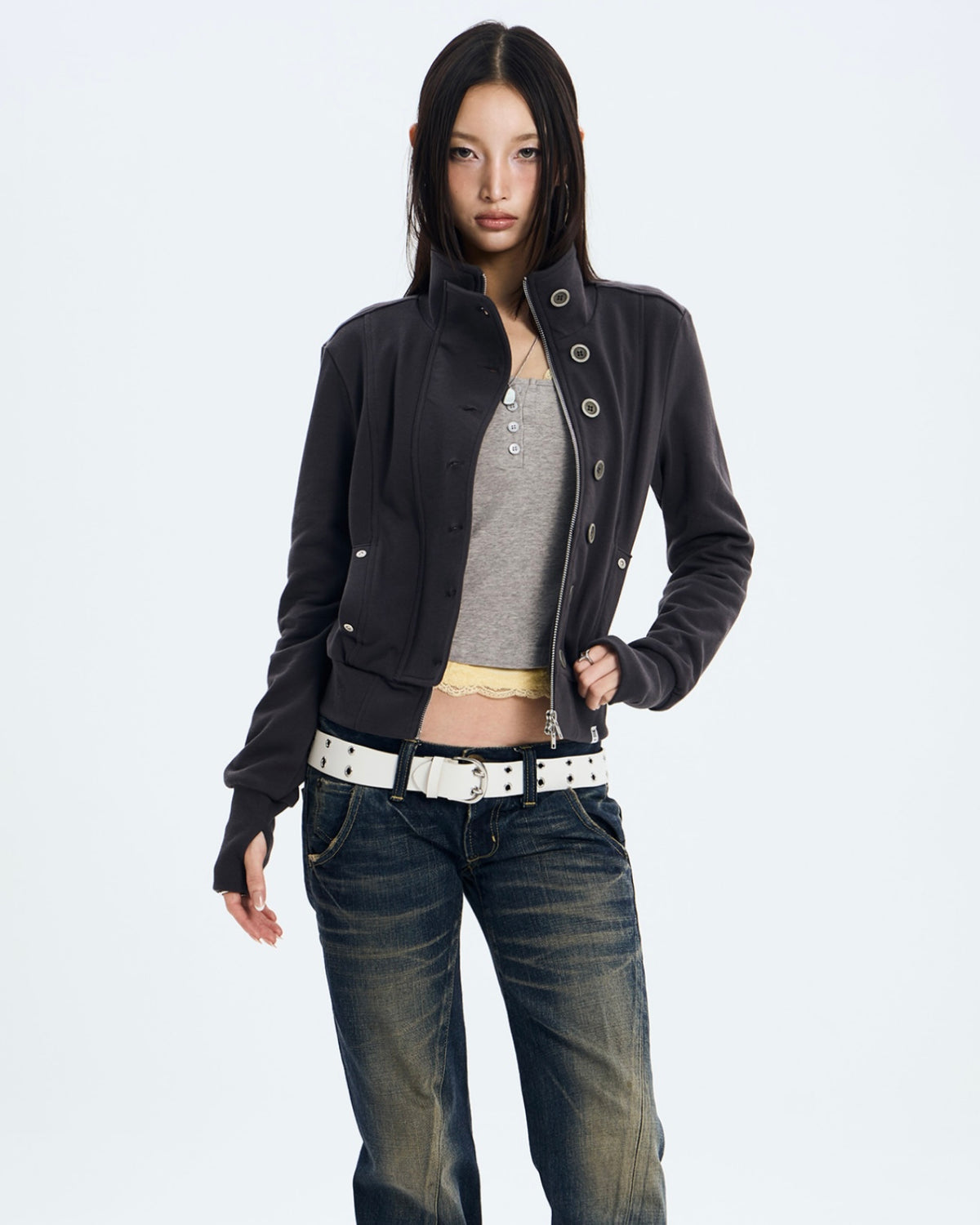 【NOT KNOWING】Button High Neck Zip Up