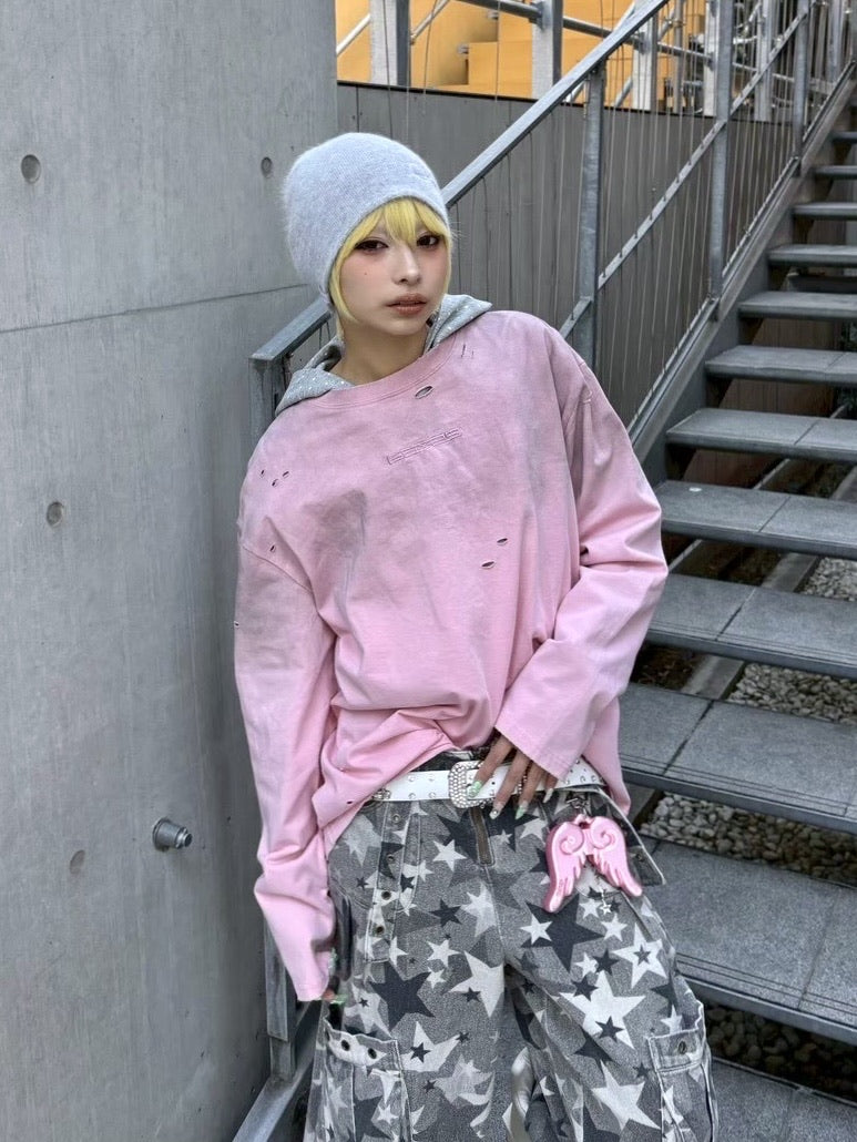 国際配送【Never mind the XU】damage washed long sleeve (3color)