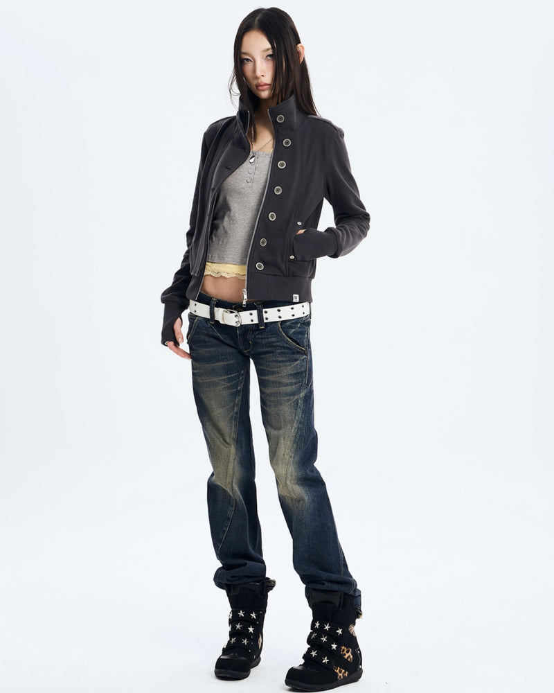 【NOT KNOWING】Button High Neck Zip Up