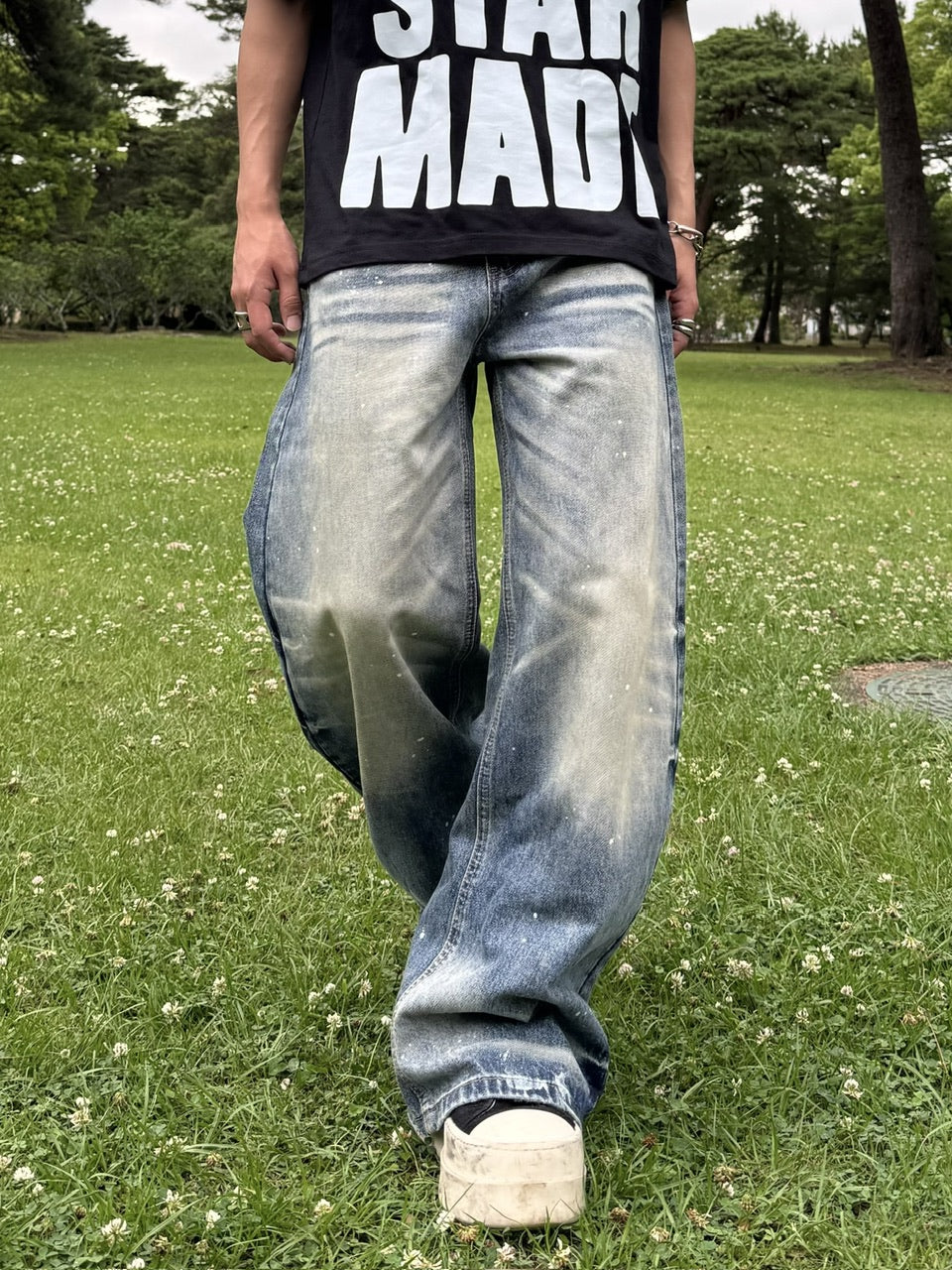 国際配送【RENOL】paint splatter wide denim pants