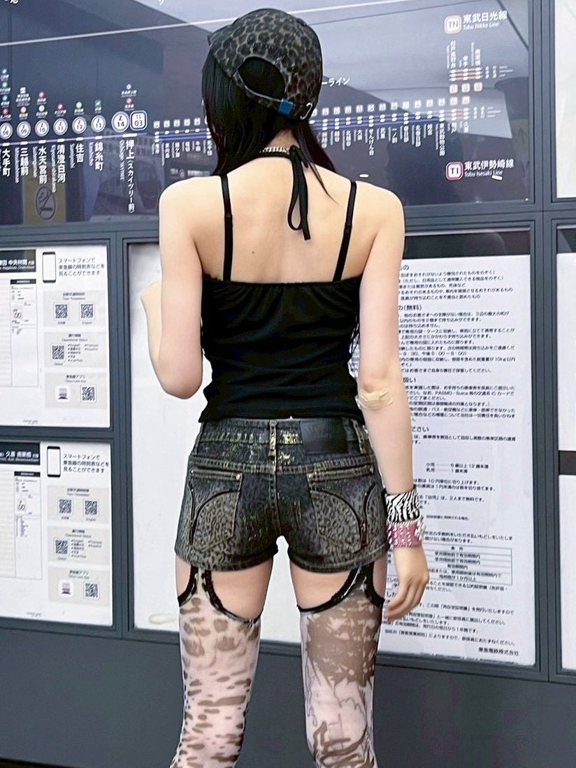 7/11 20:00発売　国際配送【BABY09】leopard back zip denim shorts