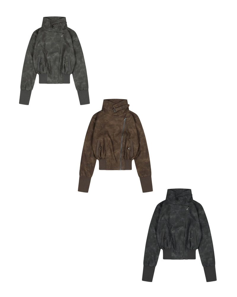 【FANCY CLUB】HIGH-NECK RIBBED LEATHER JACKET