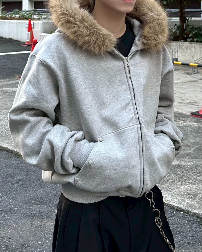 【Chikashitsu +】cropped studs fur zip hoodie (2color)