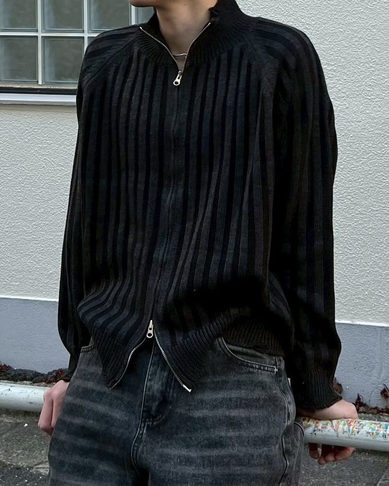 【Chikashitsu +】contrast rib zip up knit (2color)