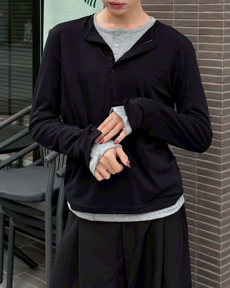 受注制【Chikashitsu +】sleeve button henley neck long sleeve tee(3color)