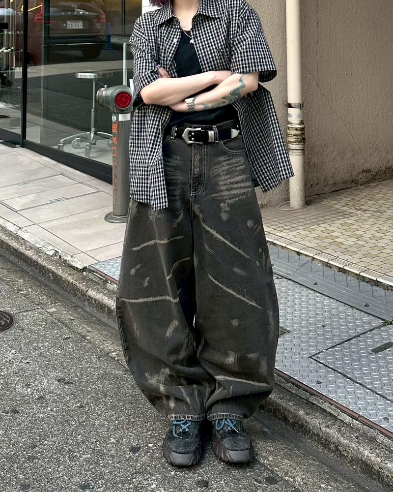 【Chikashitsu +】full painting wide denim pants