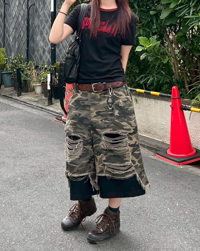 受注制【Chikashitsu +】layered camouflage bermuda pants