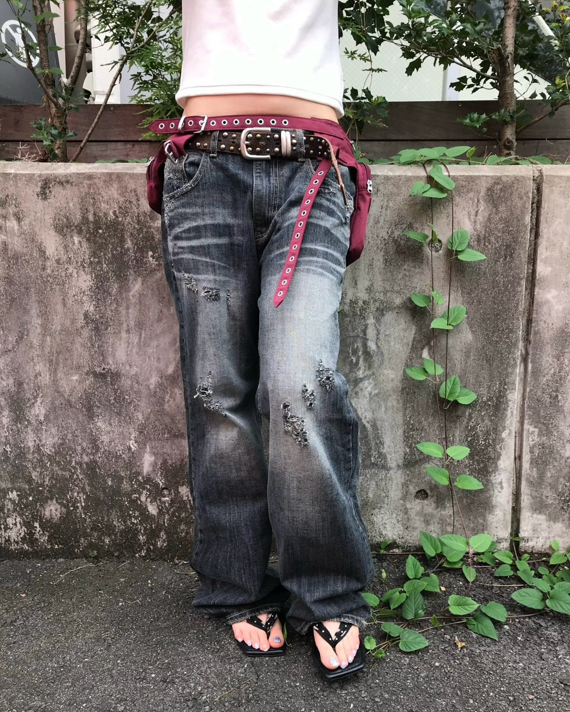 受注制【OaKS】faded wide-leg denim pants