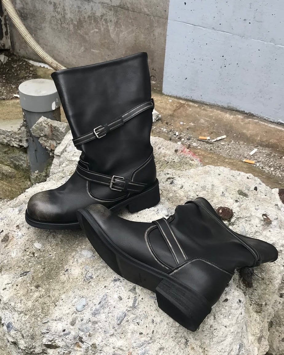 受注制【OaKS】vintage wash 2-belt biker boots