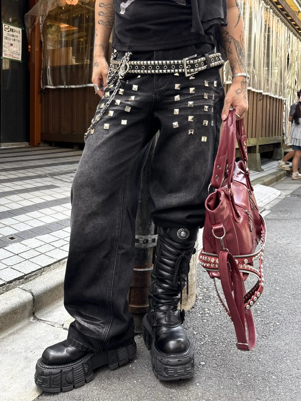 国際配送【Never mind the XU】studs washed wide denim pants (2color)