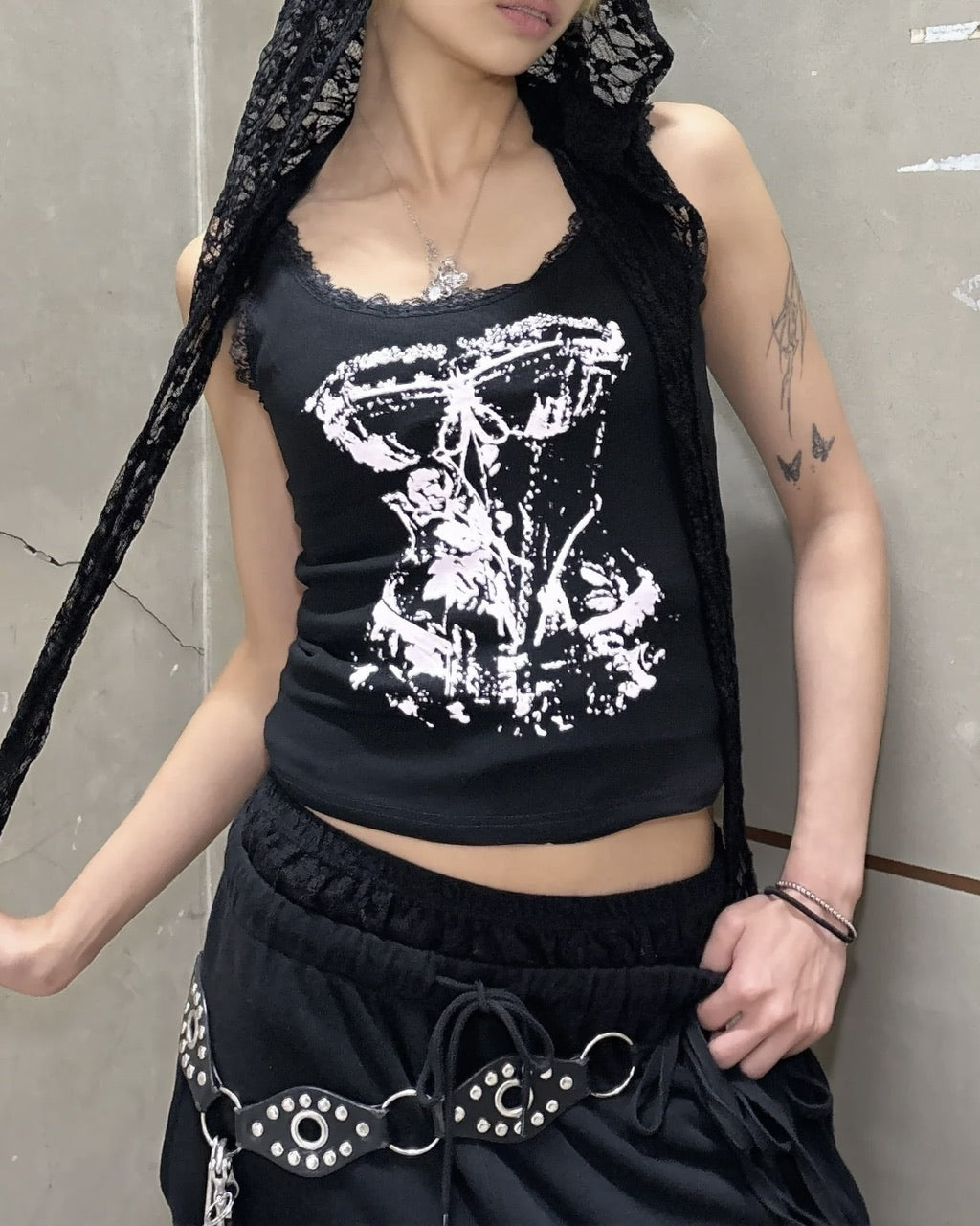 国際配送【Never mind the XU】corset print tank tops