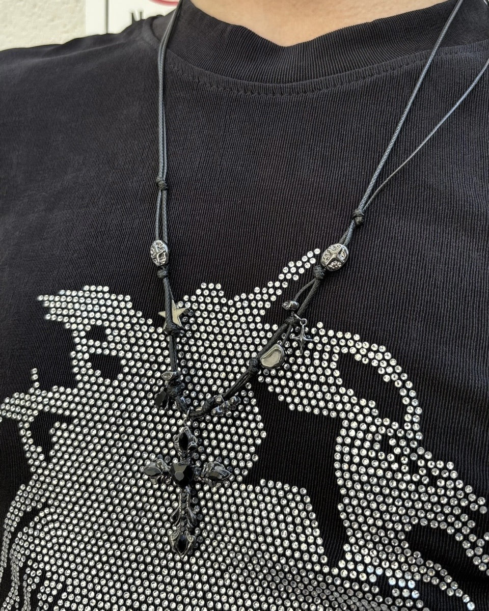国際配送【Never mind the XU】stone cross cord necklace