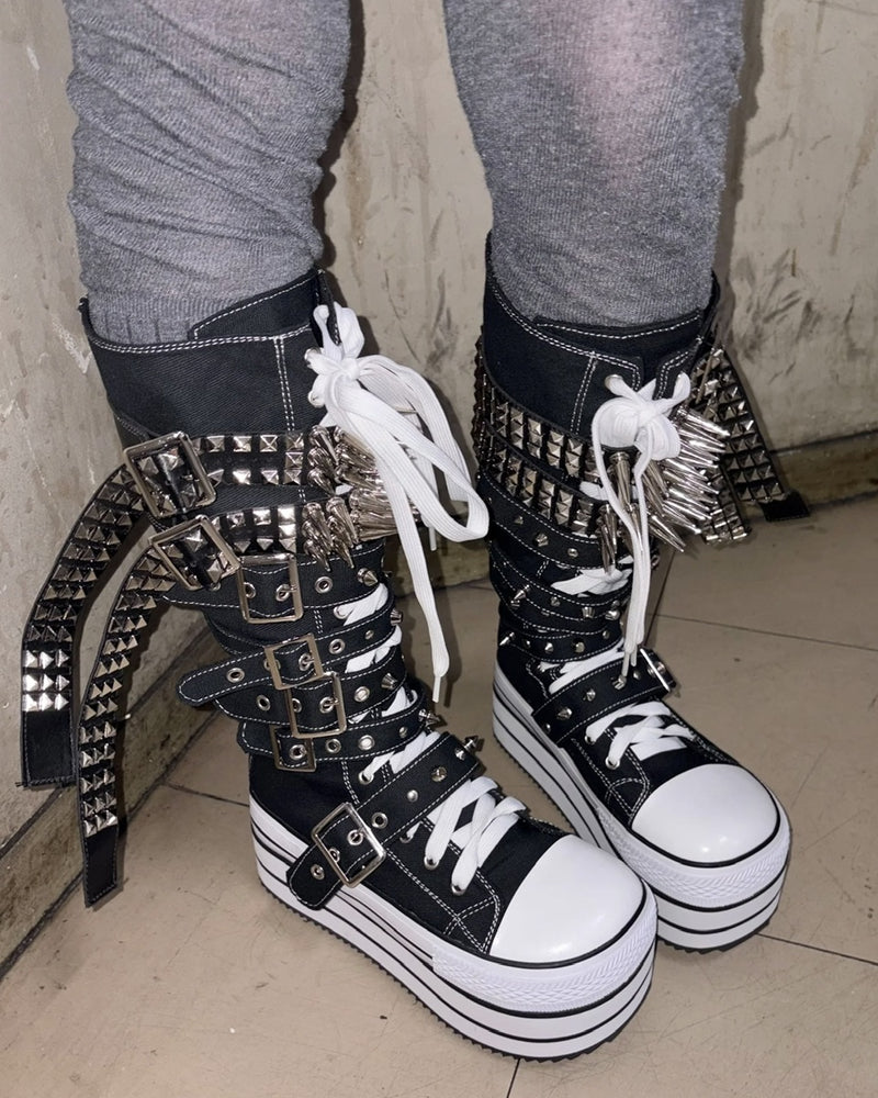 国際配送【Never mind the XU】studs belt platform sneaker boots