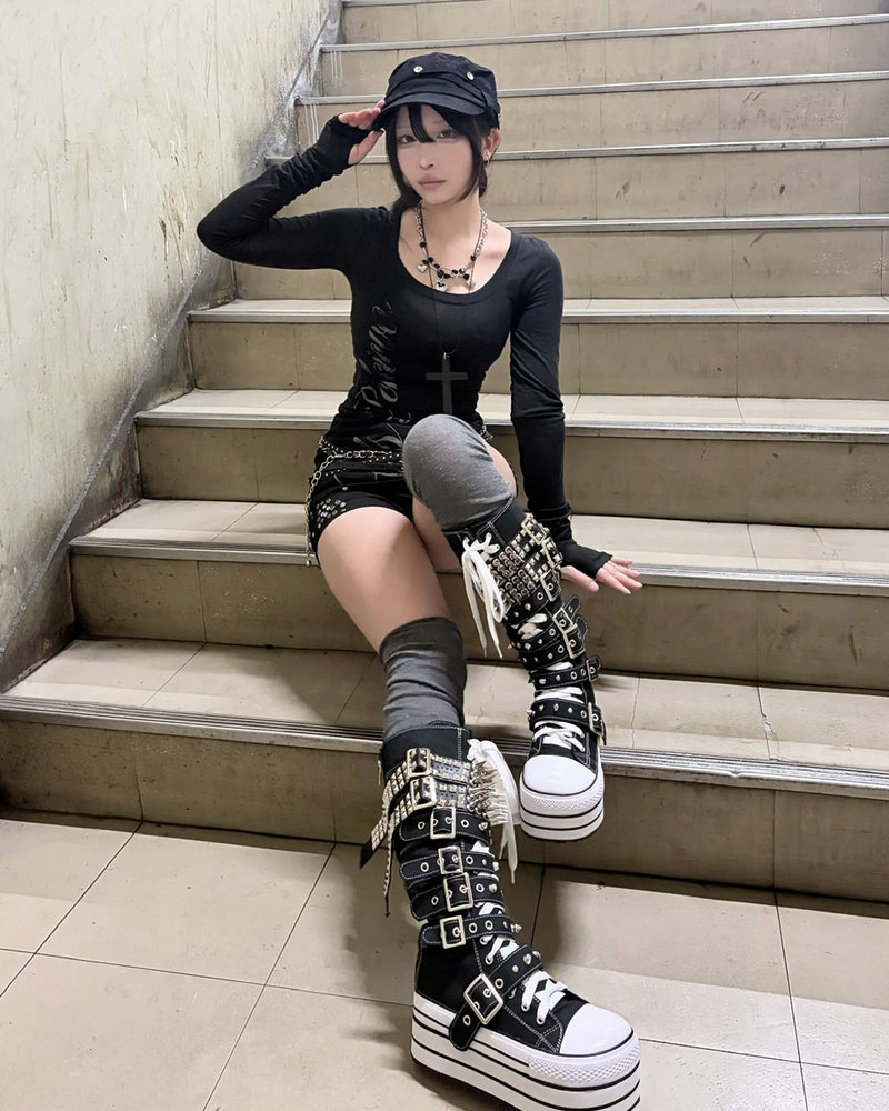 国際配送【Never mind the XU】studs belt platform sneaker boots