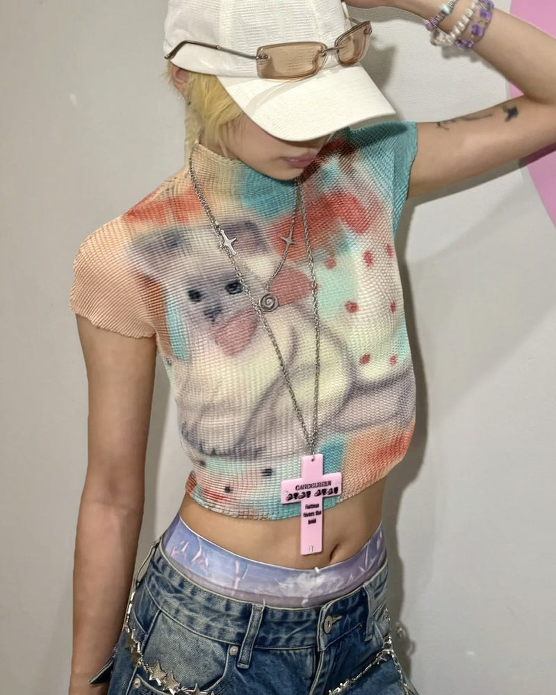 国際配送【Never mind the XU】popcorn shirring baby tee cat