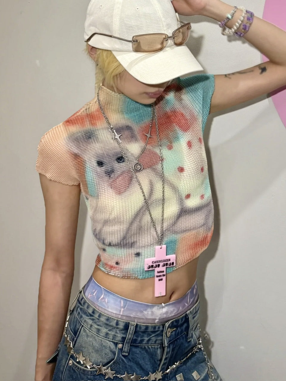 国際配送【Never mind the XU】popcorn shirring baby tee cat