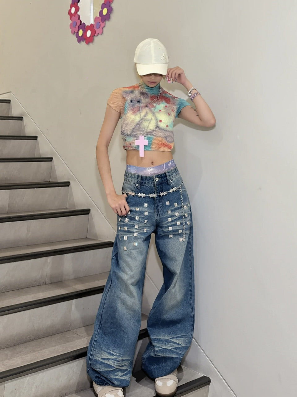国際配送【Never mind the XU】studs washed wide denim pants (2color)