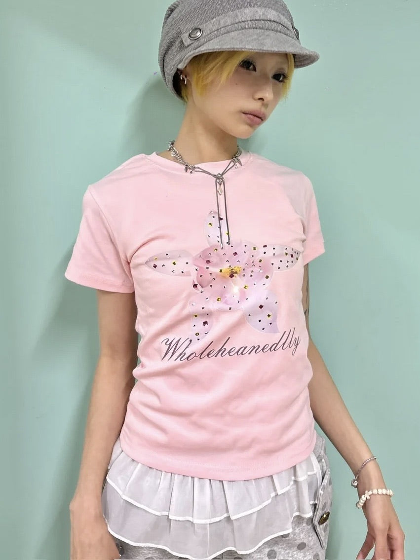 国際配送【Never mind the XU】flower rhinestone tee (3color)