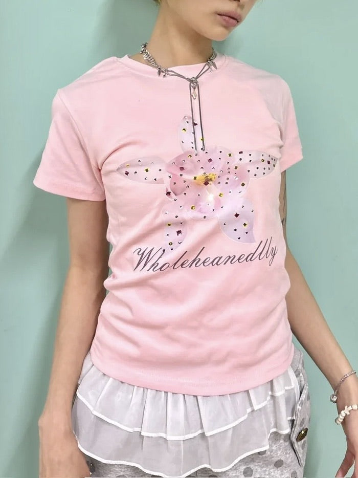 国際配送【Never mind the XU】flower rhinestone tee (3color)