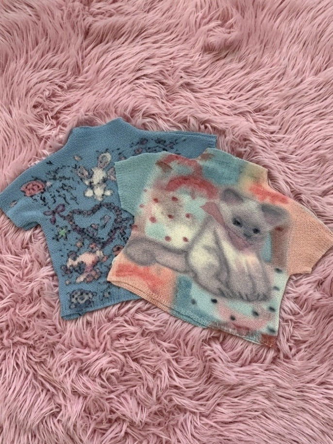 国際配送【Never mind the XU】popcorn shirring baby tee cat
