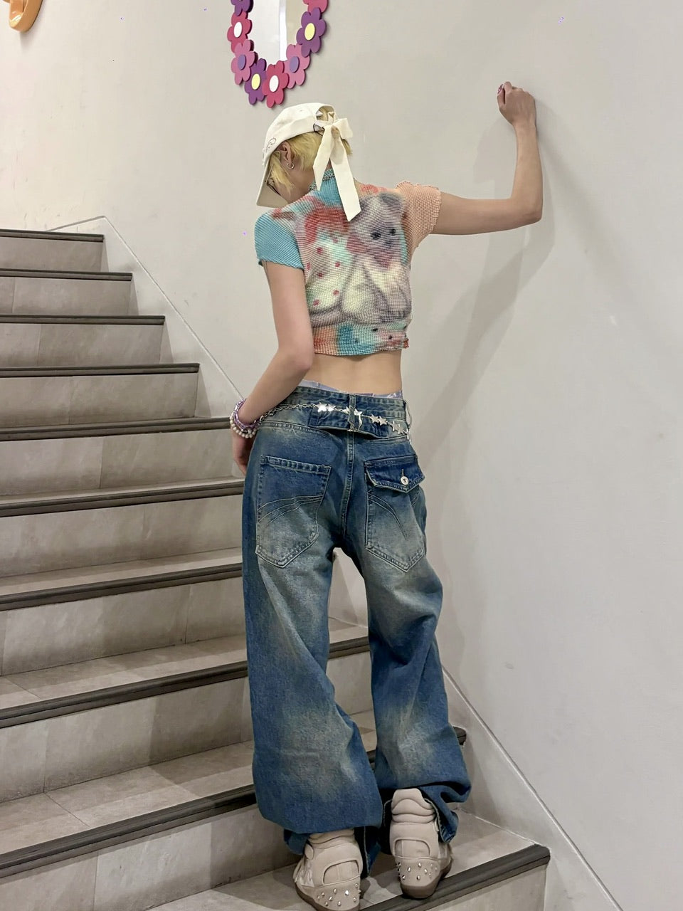 国際配送【Never mind the XU】studs washed wide denim pants (2color)