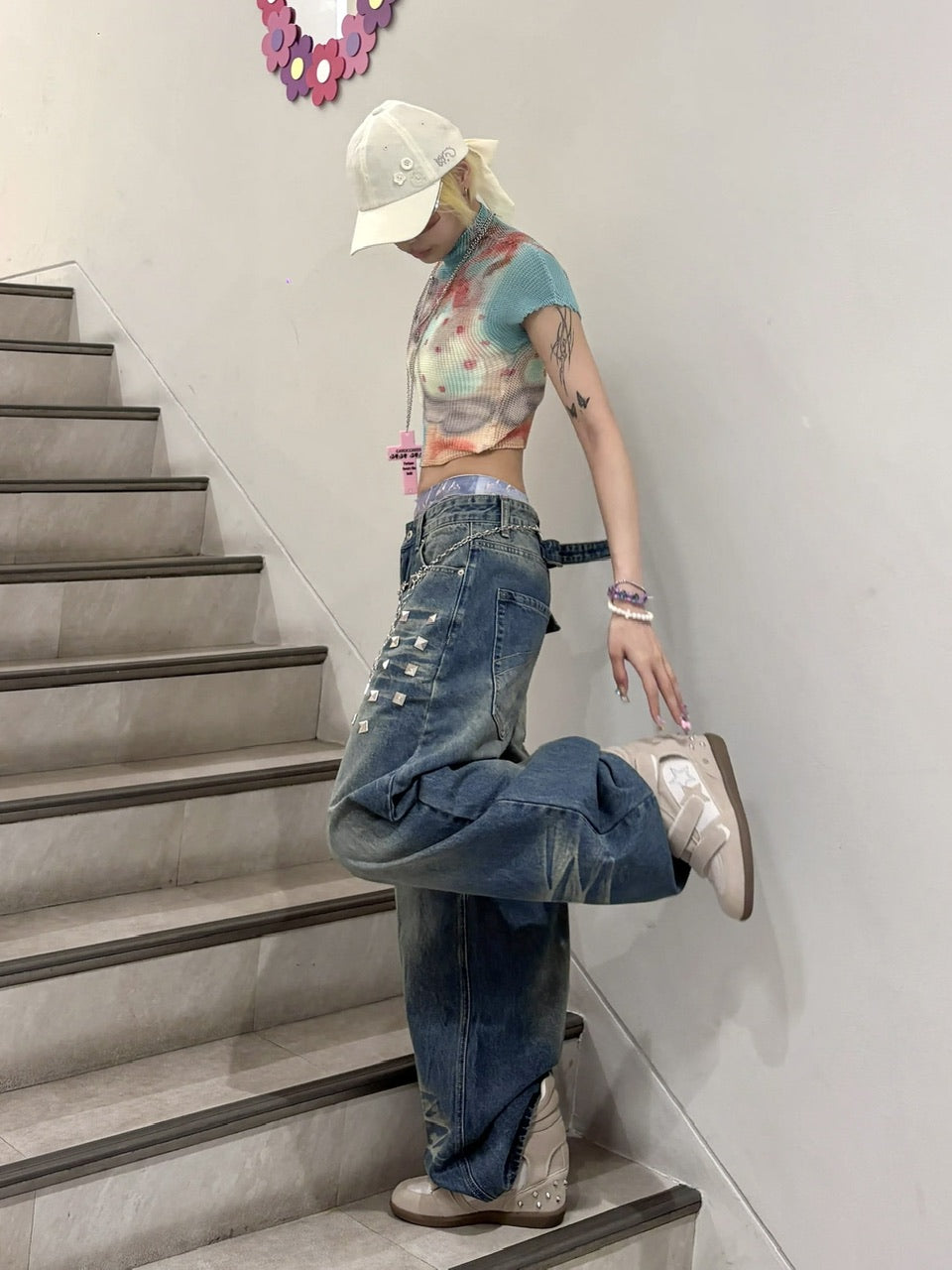 国際配送【Never mind the XU】studs washed wide denim pants (2color)