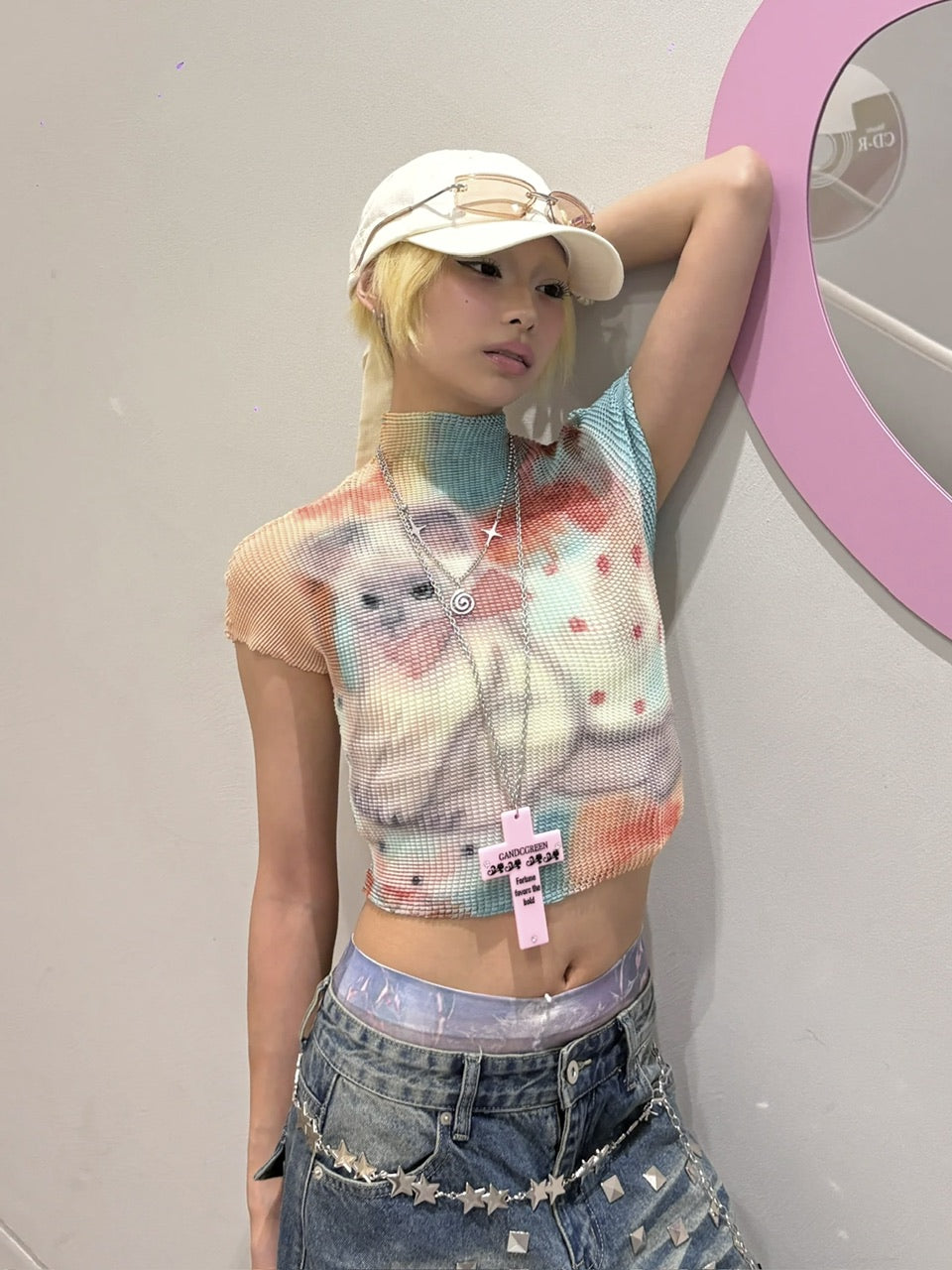 国際配送【Never mind the XU】popcorn shirring baby tee cat