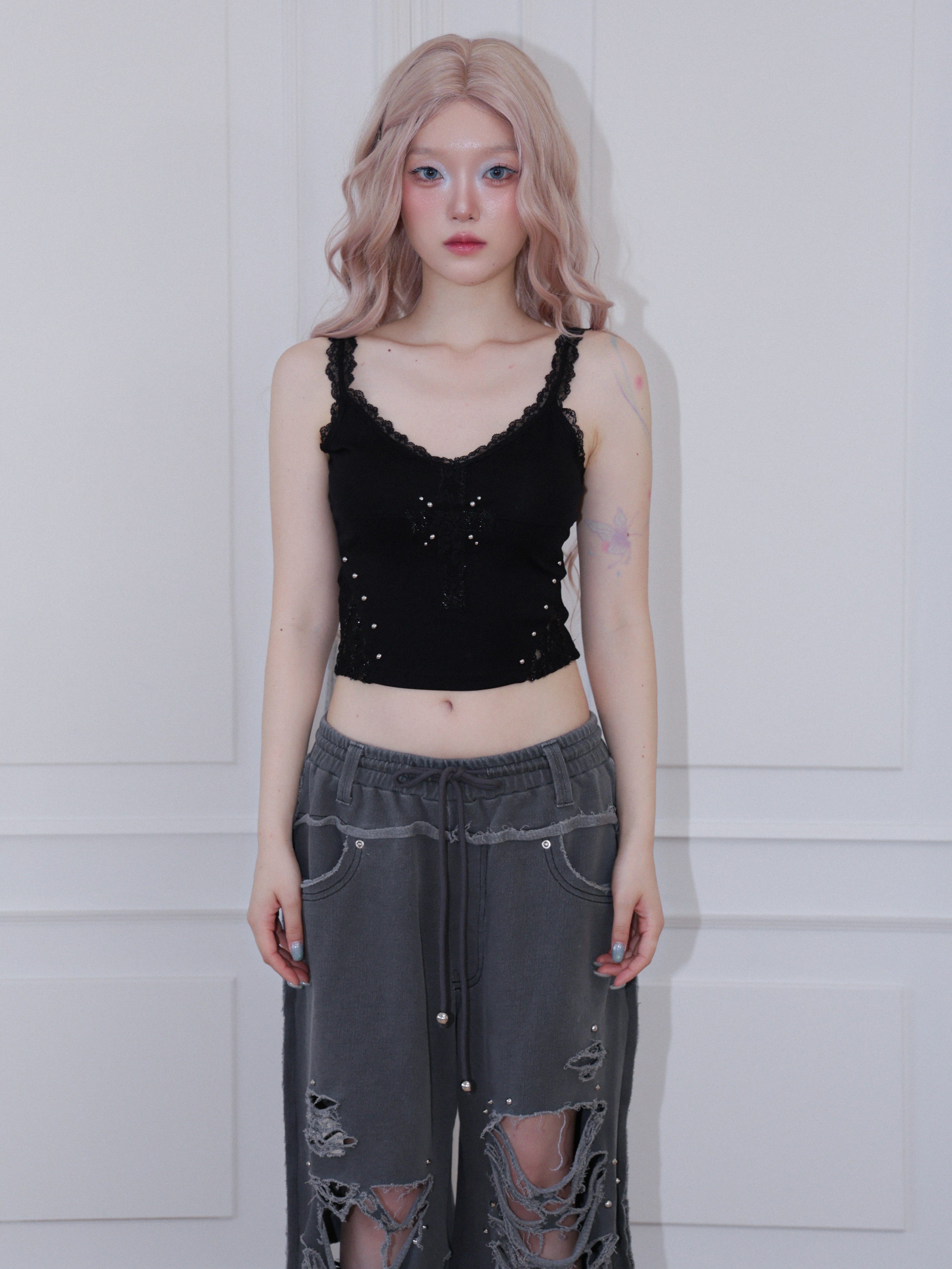 【CHERRYQUIRI】cross patch lace sleeveless