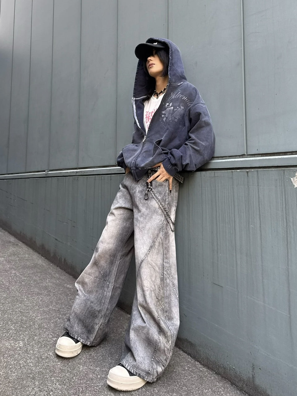 国際配送【Never mind the XU】3D print curve denim pants