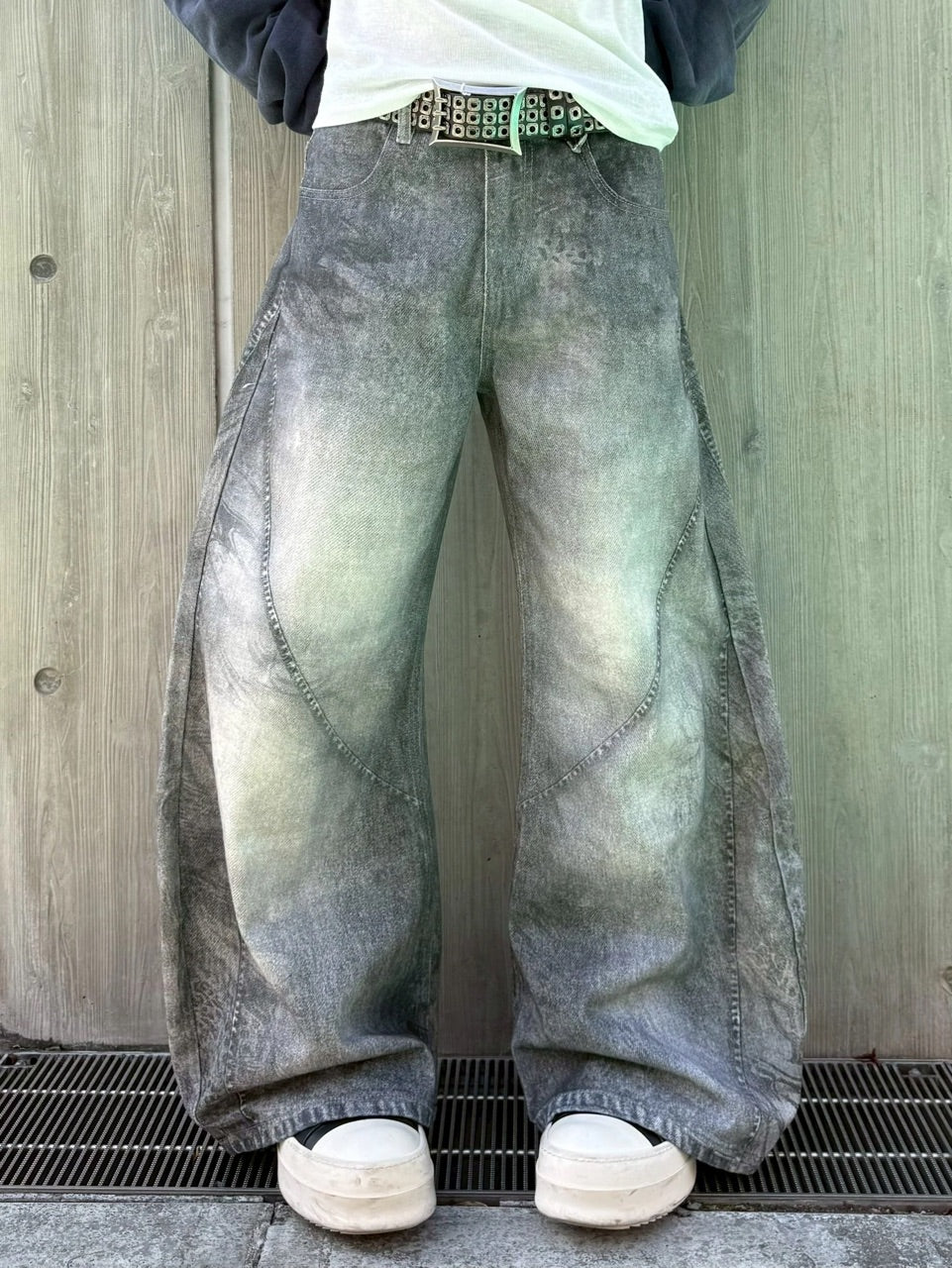 国際配送【Never mind the XU】3D print curve denim pants