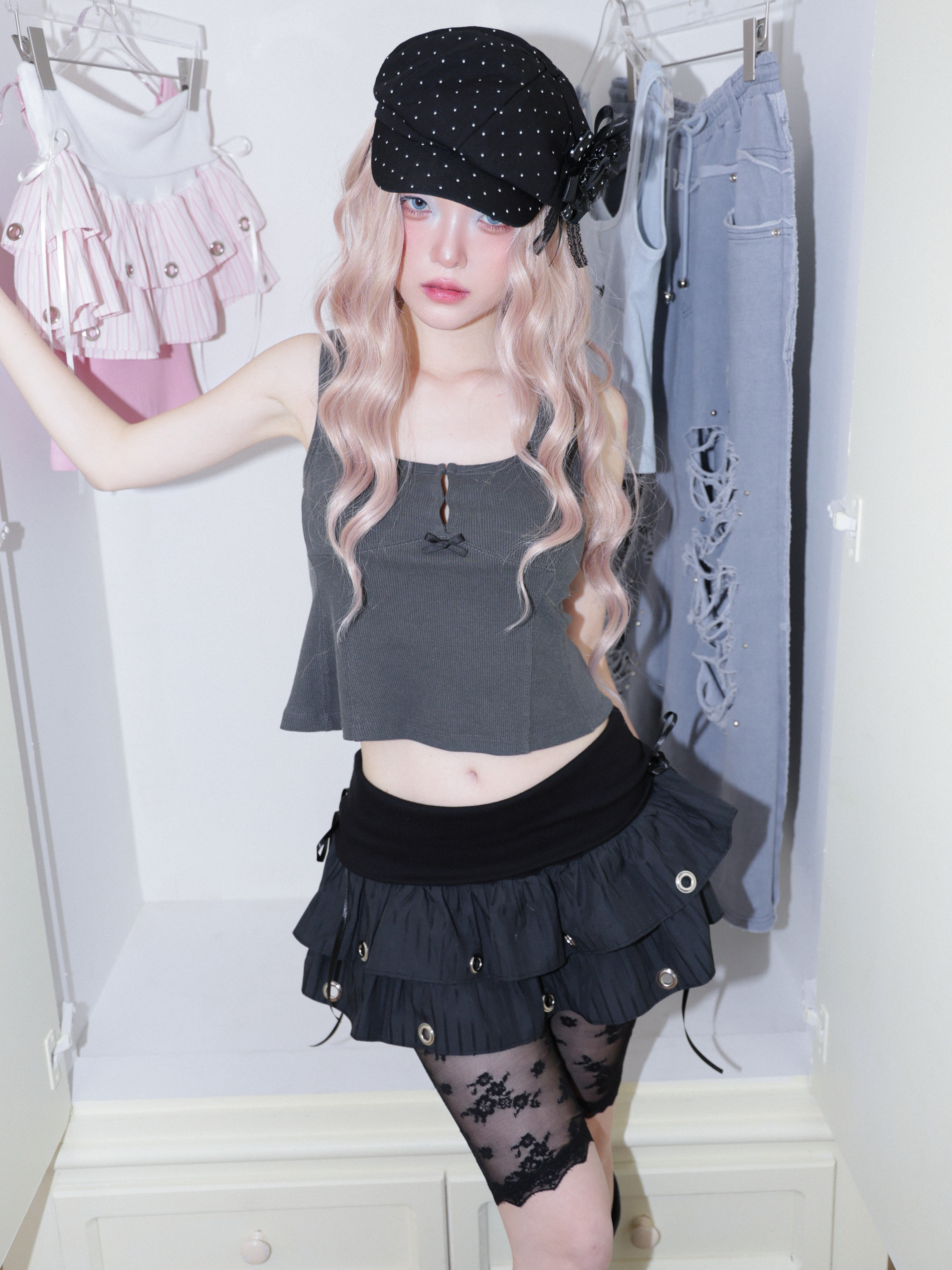 【CHERRYQUIRI】Soft Punk Eyelet Skirt