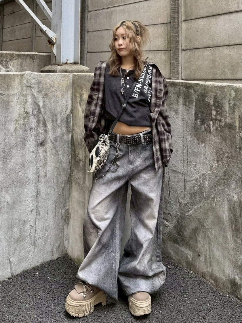 国際配送【Never mind the XU】3D print curve denim pants