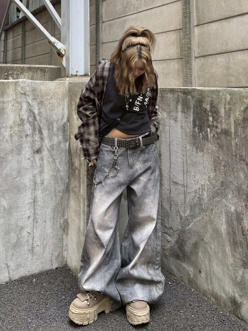 国際配送【Never mind the XU】3D print curve denim pants