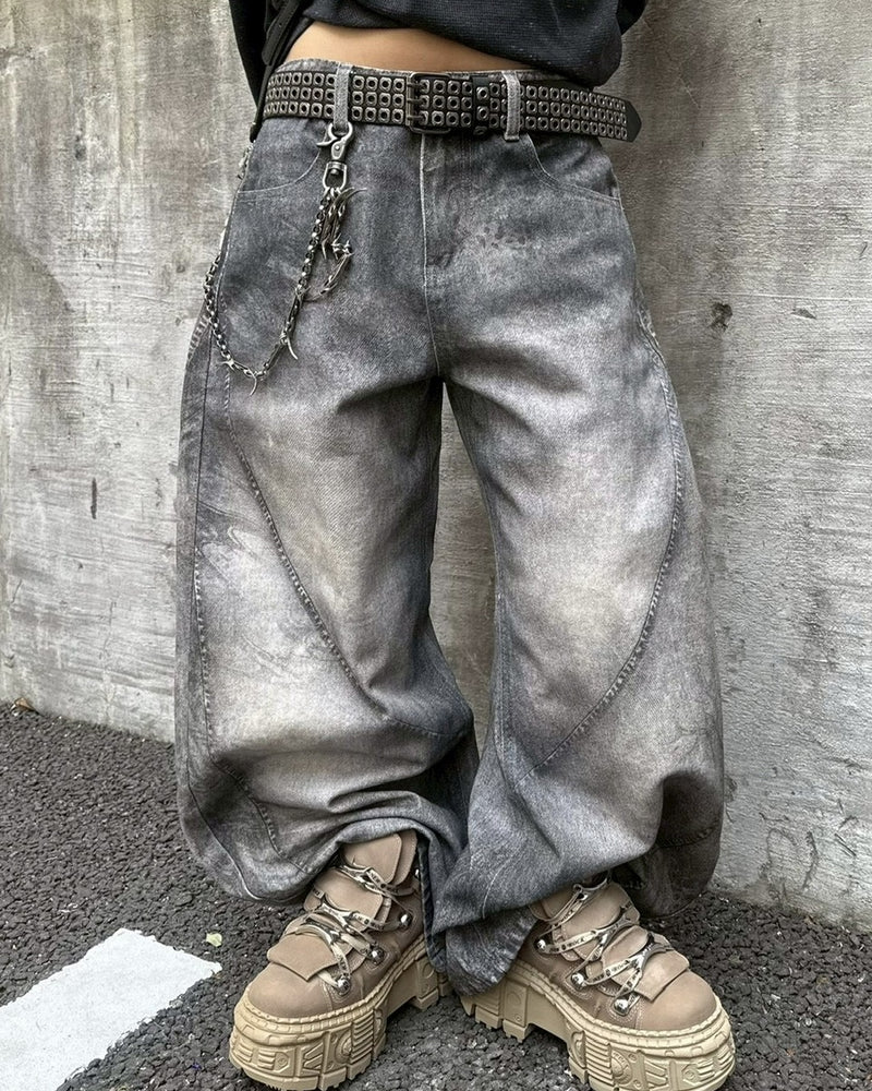 国際配送【Never mind the XU】3D print curve denim pants