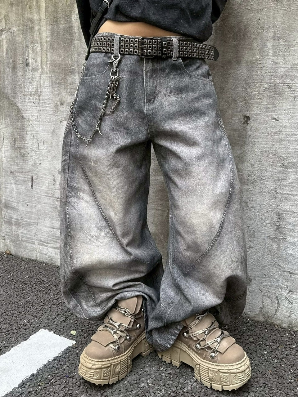 国際配送【Never mind the XU】3D print curve denim pants