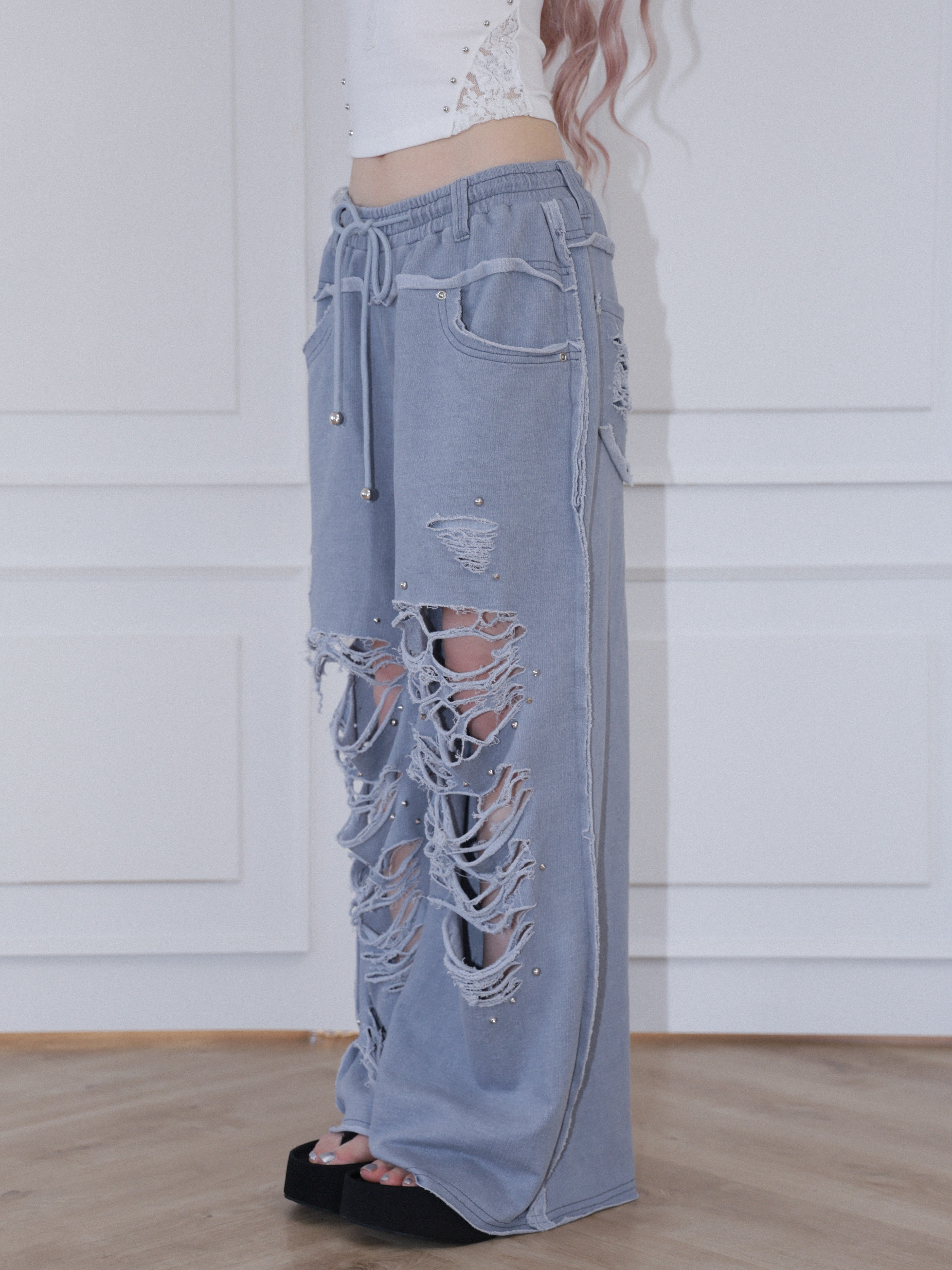 【CHERRYQUIRI】damage stud jogger pt
