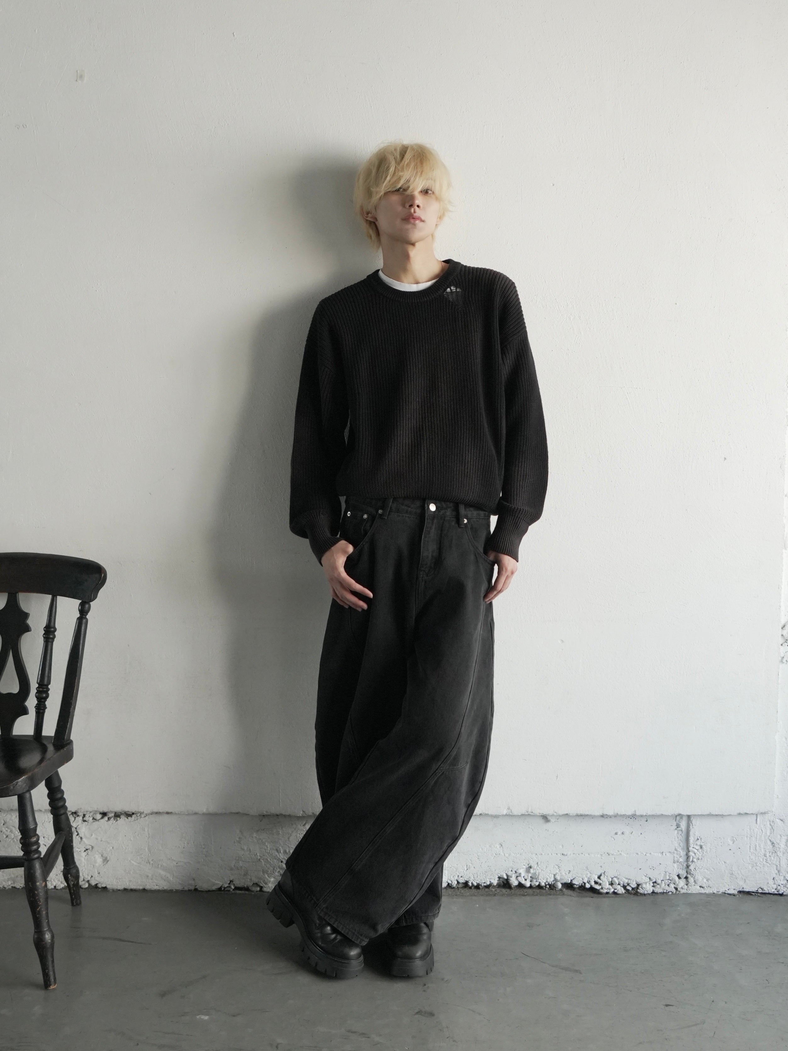 【CHIKASHITSU PLUS HIGH】Barrel leg curve denim pants