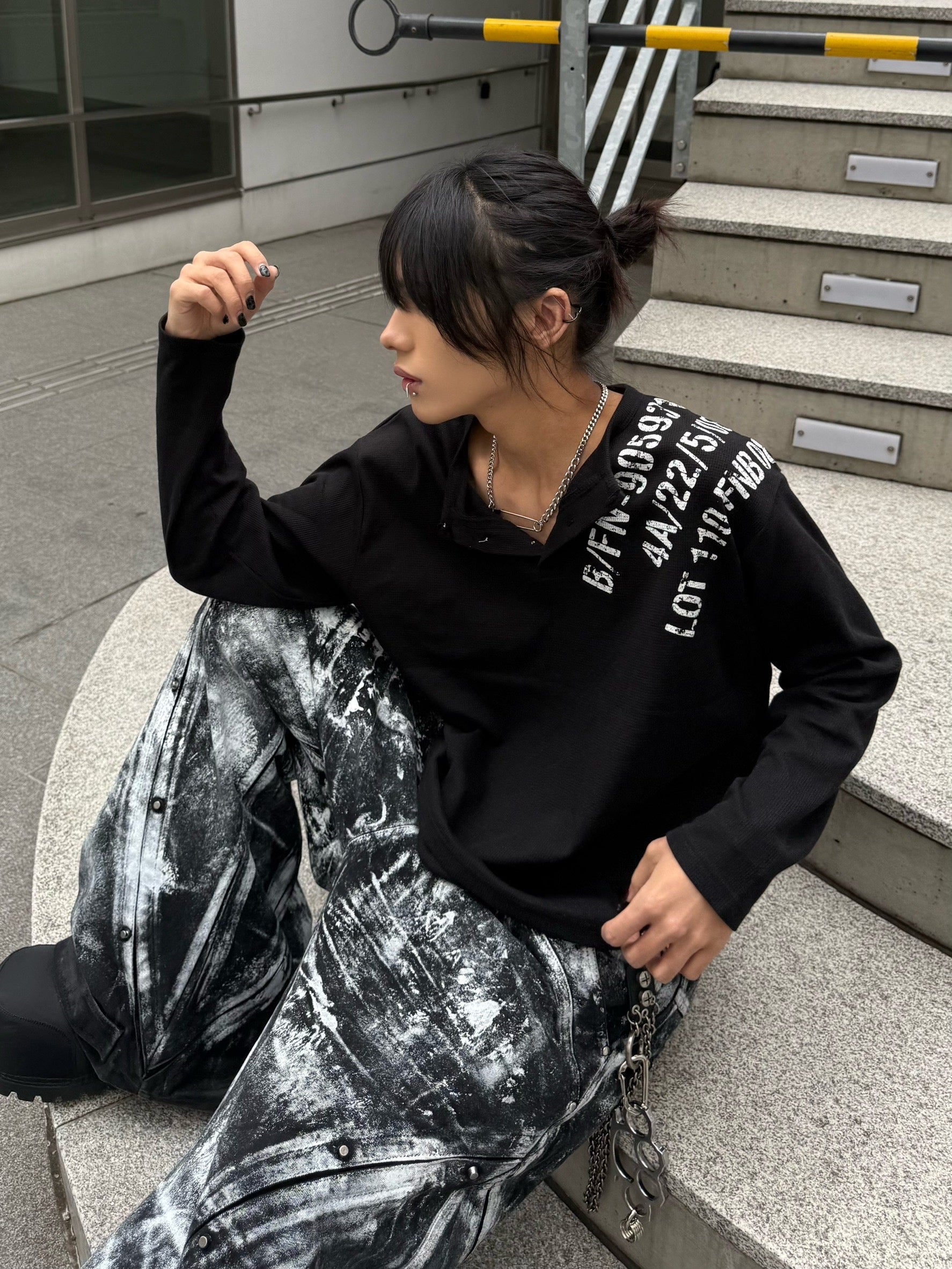 受注制【Never mind the XU】waffle henley long sleeve (4color