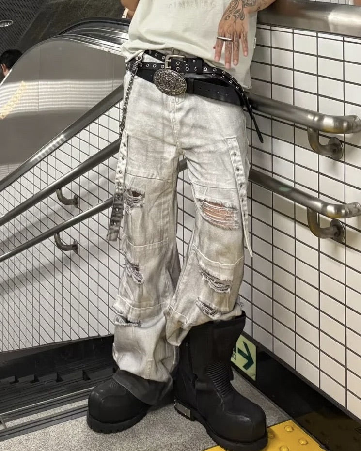 【Never mind the XU】destroyed damage strap denim pants